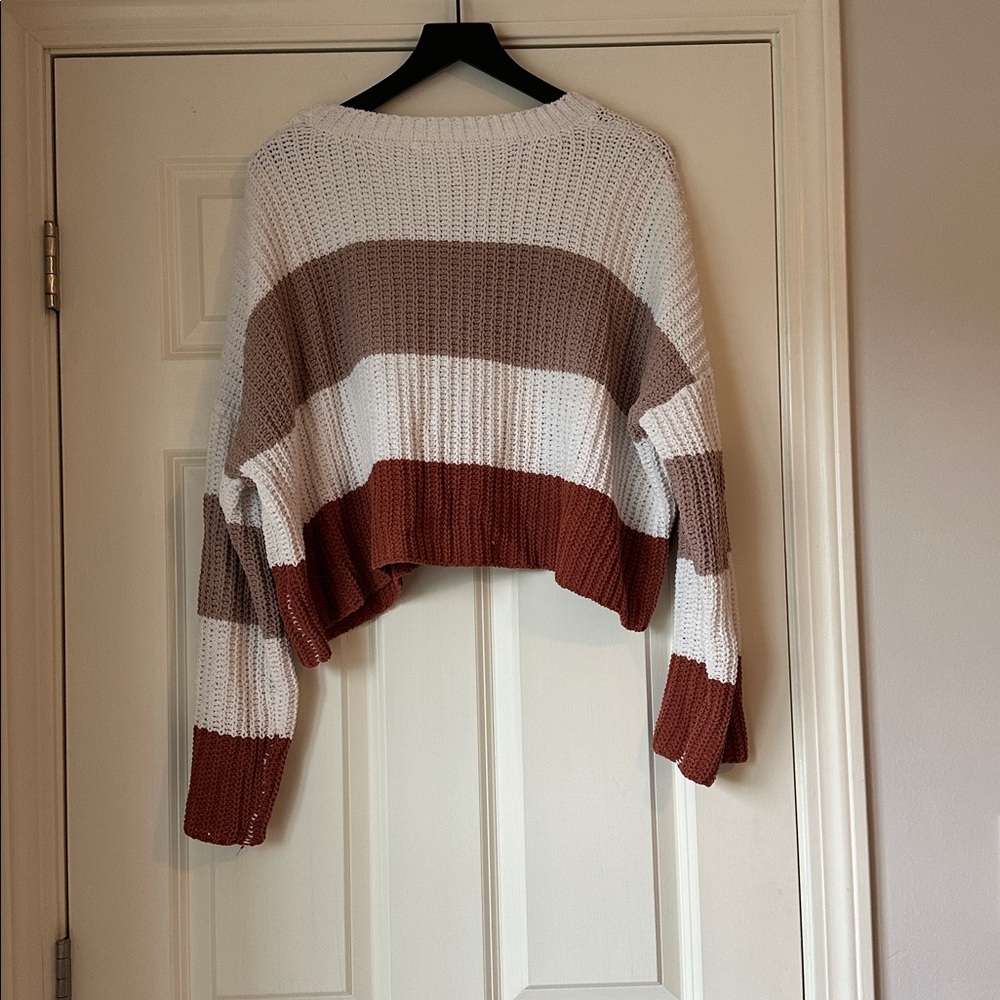 Striped Knit Cropped Sweater - Cream, Brown, and Tan - Picture 2 of 3